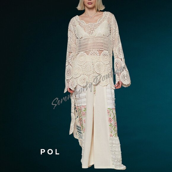 POL Bohemian Victorian Floor Length Hi Low Semi Sheer Crochet Oversized Top - Picture 3 of 13